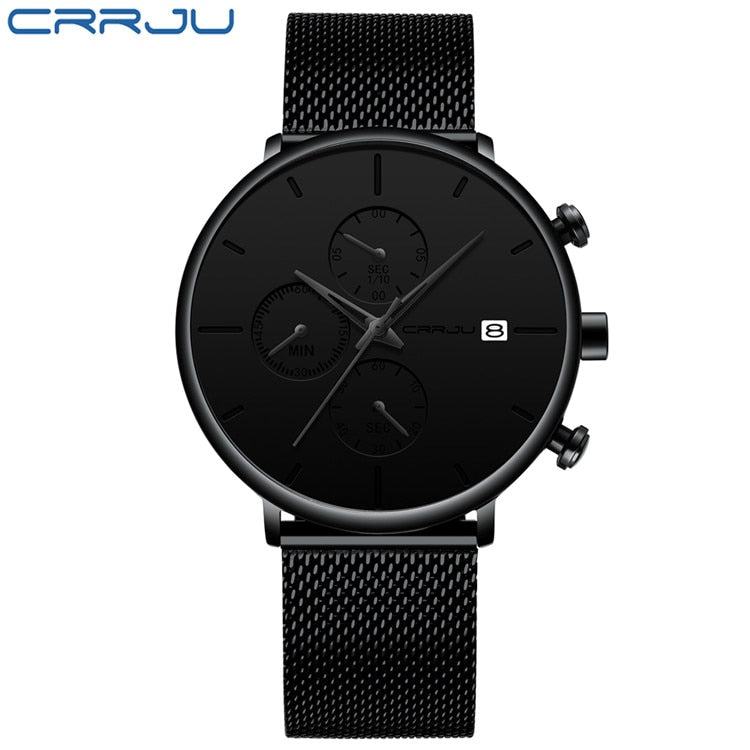 CRRJU Mens Watches Luxury Sport Wrist Watch Unique Design Stainless Steel Auto Date Mesh Strap Men Fashion Casual Quartz Watches