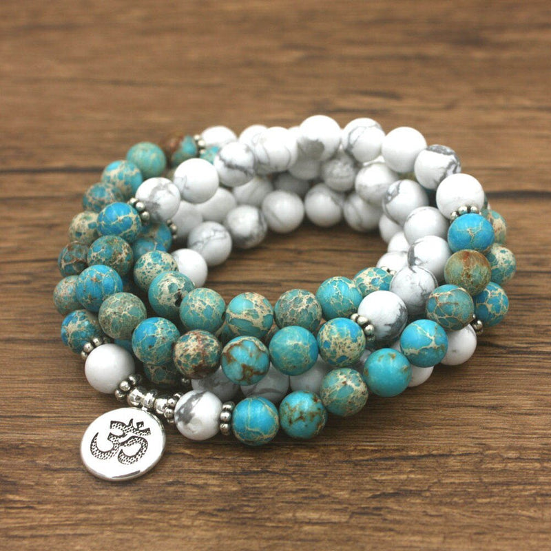 108 Beads Buddhist Mala Bracelet Howlite Natural Stone and Lotus Charm Women Bracelet Meditation Spiritual Jewelry Free Shipping