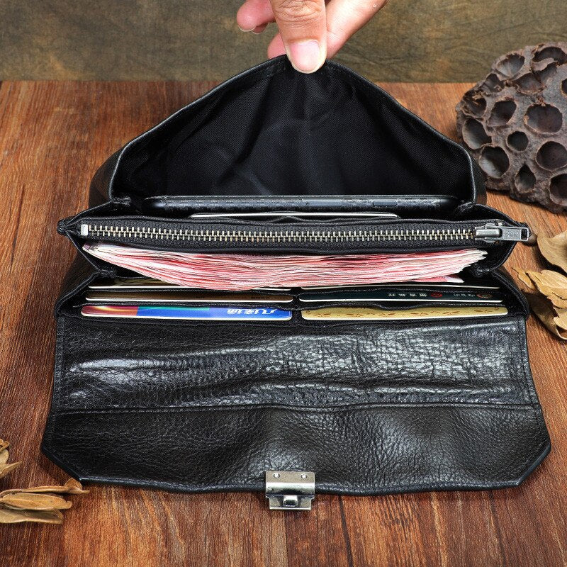 Fashion casual natural genuine leather men's long clutch wallet vintage designer first layer cowhide women lock phone coin purse