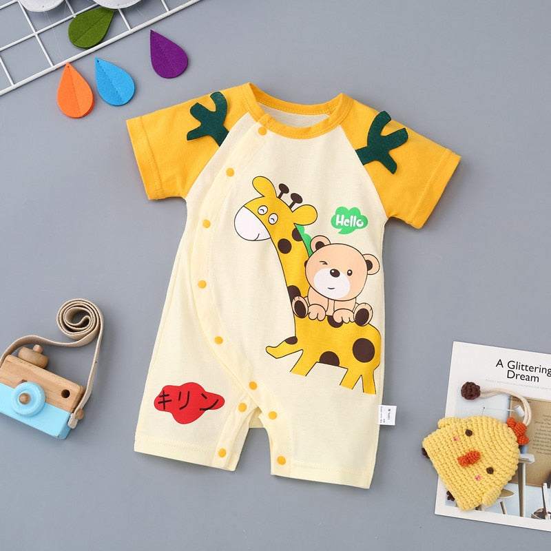 2023 summer baby clothes Casual romper newborn short sleeve cotton cartoon print stripe turn-down Infant baby boys clothing