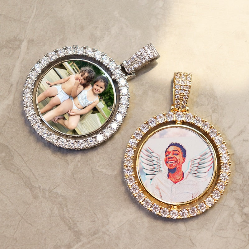 D&amp;Z Custom Made Photo Rotating double-sided Medallions Pendant Micro Paved CZ Round Pendant Collier For Men Women Accessories