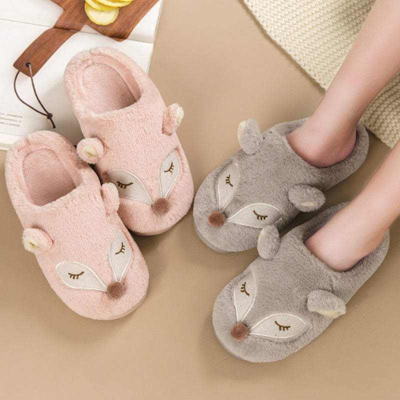 Indoor Home Floor Slippers Fox Women&#39;s Soft Shoes Warm Cute Animal Fox Winter Fur Home Slippers Women&#39;s Warm Cotton Slippers