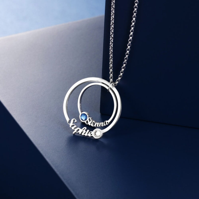 JewelOra 925 Sterling Silver Personalized Name Necklace with 2 Birthstones Custom Double Circle Couple Necklaces for Lovers