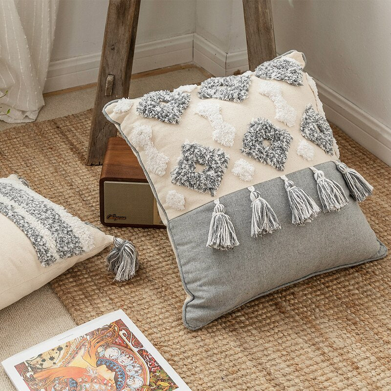 Moroccan Style Cushion Cover Tuft Tassels Handmade Neutral Decoration Pillow Cover 45x45cm/30x50cm For Sofa Bed  Grey Ivory Diamond Stripe