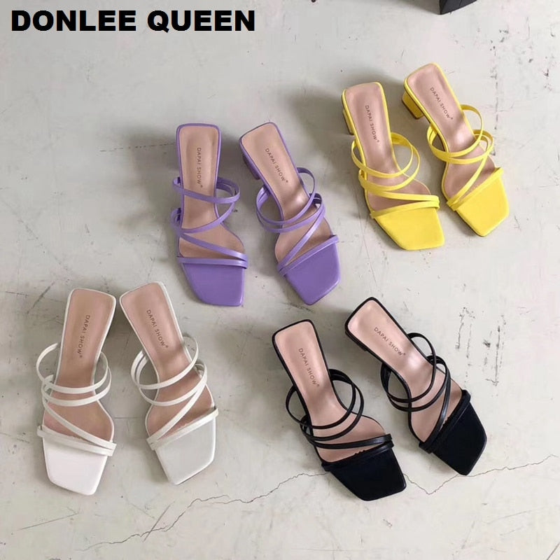 2022 New Summer Slippers Low Heels Slides Female Peep Toe Square Heel Slipper Brand Sandals Women Slipper Big Size 41 Flip Flops