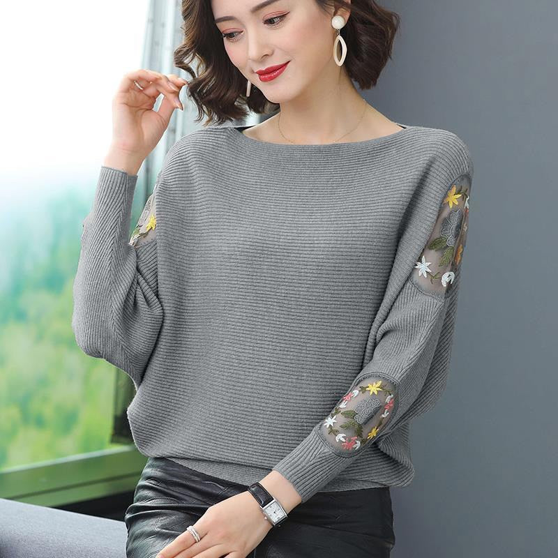 Flower Embroidery Batwing Sleeve O-Neck Spring Sweaters Women Casual Loose Knitted Pullovers  Large Size Knitwear Tops Female