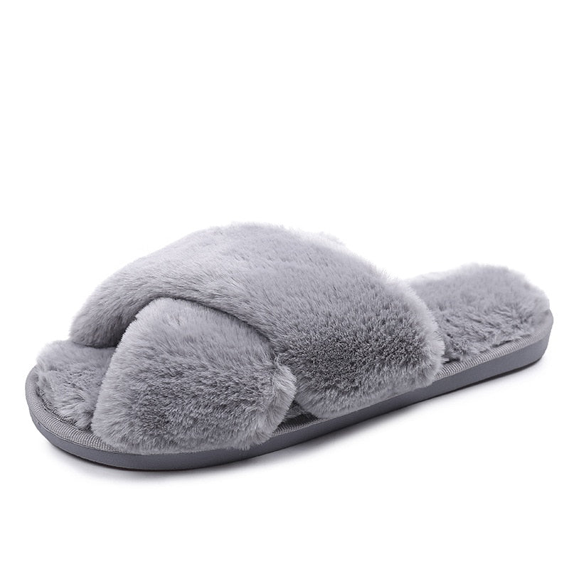 Winter Women House Slippers Cross Faux Fur Ins Fashion Warm Shoes New Indoor Warm Cotton Slippers Thickened Leak-Toe Fur Slides