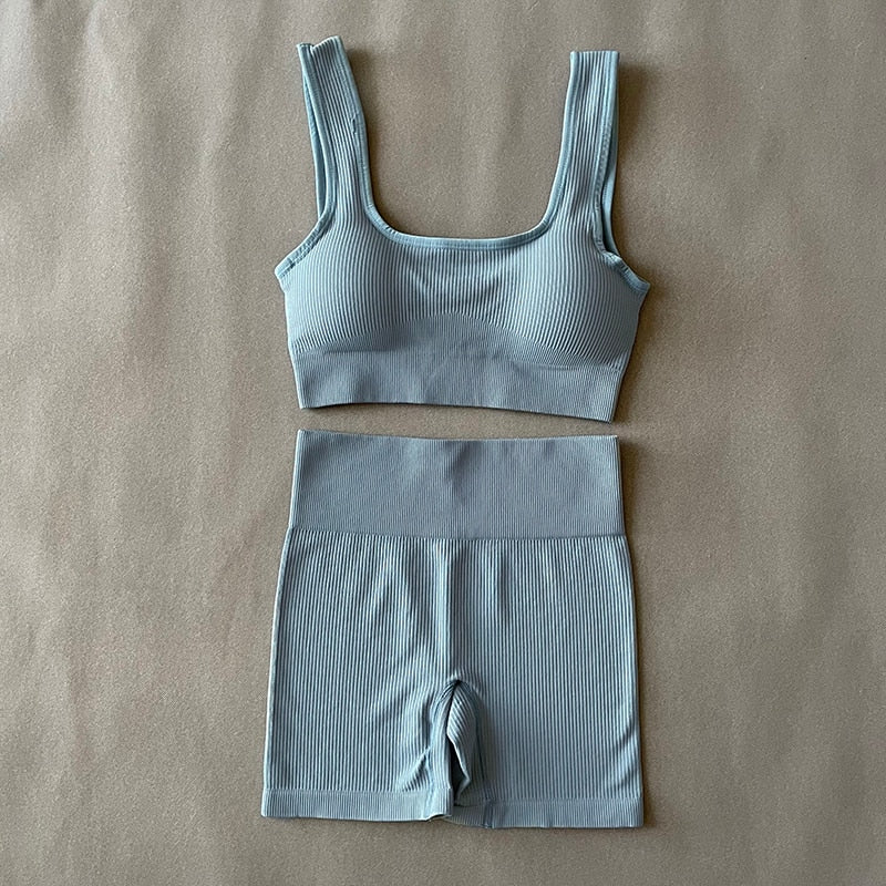 Women Sporstwear Seamless Yoga Set Sexy Square Collar Sport Bra Tops Suits With Shorts Gym Fitness Clothing Sleeveless Tracksuit