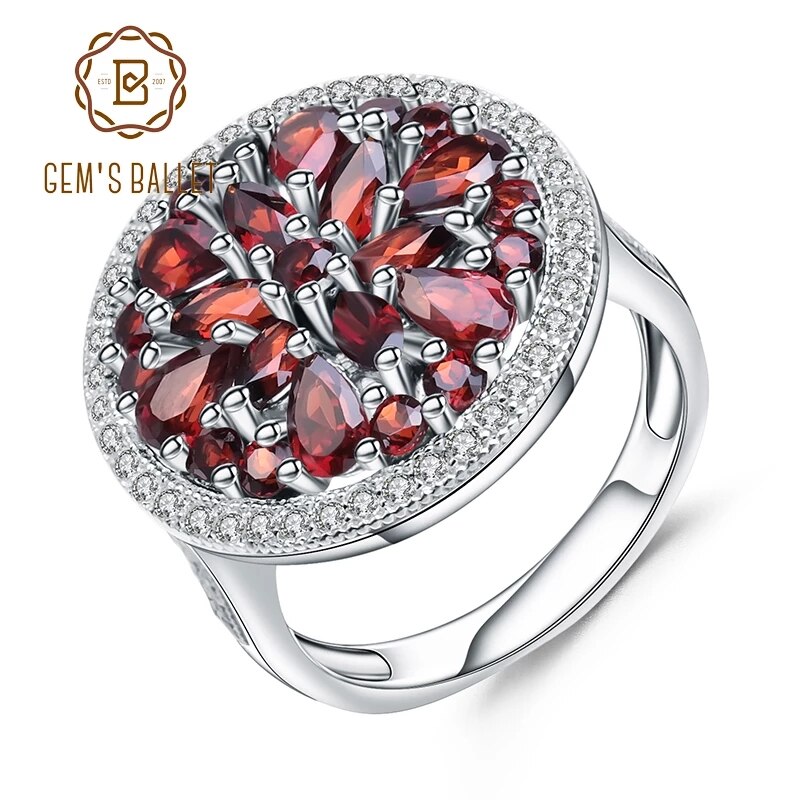 GEM'S BALLET 11.65Ct Natural Red Garnet Gemstone Earrings Ring Set 925 Sterling Silver Round Jewelry Set For Women Wedding