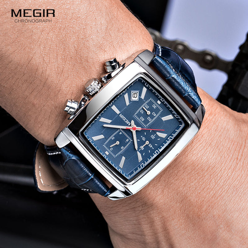 Reloj Megir con correa de cuero y esfera rectangular para hombre, relojes de cuarzo con cronógrafo azul informal, reloj de pulsera para hombre, reloj de pulsera para hombre