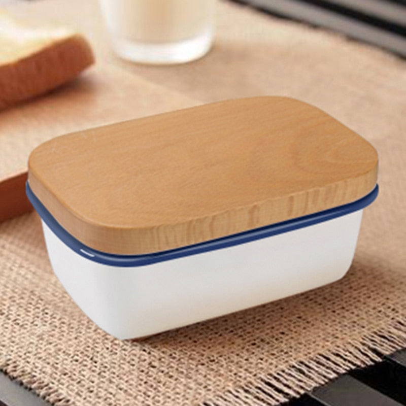 Enamel Butter Box Dish Fruit Preserve Storage Box New Butter Container With Wooden Lid Cover Kitchen Accessories