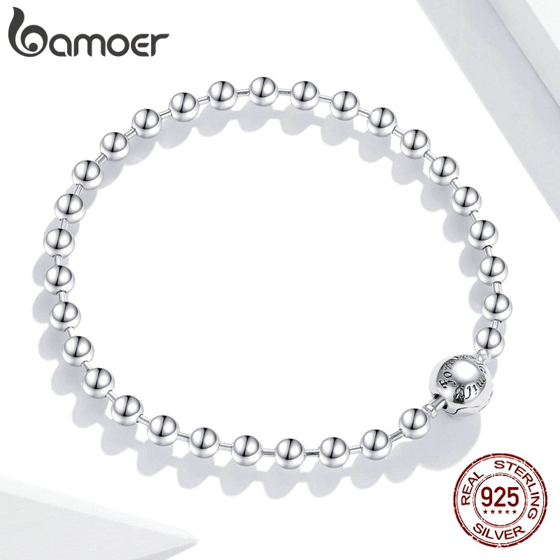 Bamoer, pulsera de cuentas redondas de plata pura de plata de ley 925, cadena de amor para siempre, pulseras básicas de moda para mujer SCB208