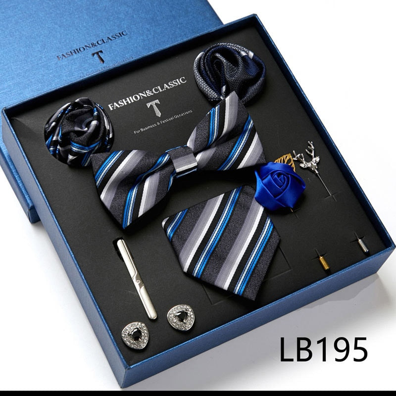 Envío Gratis, conjunto de corbata para hombre, caja de regalo de lujo, conjunto de corbata de seda, 8 Uds., embalaje interior, regalo festivo, pañuelos de bolsillo