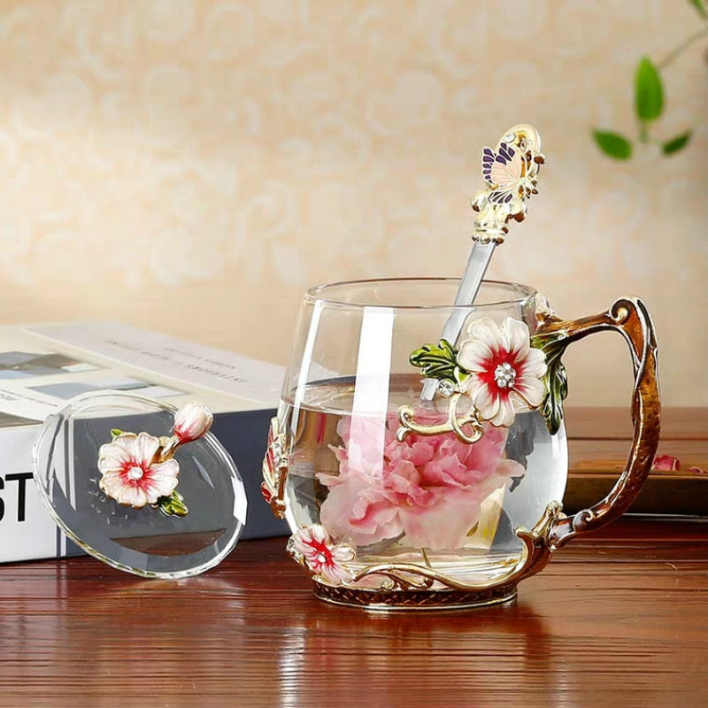 Taza de café esmaltada de belleza y novedad, tazas de cristal de té con flores para bebidas frías y calientes, juego de cuchara y taza de té, regalo de boda perfecto