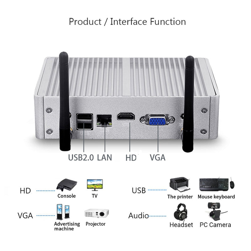 BEBEPC Mini PC sin ventilador HTPC Windows 10 Pro Intel Core i5 5200U/4200U Celeron DDR3L WiFi HD USB Office Descktop Minipc