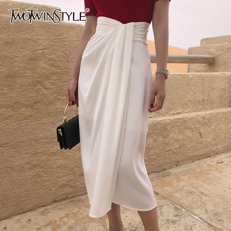 TWOTWINSTYLE Vintage Irregular Side Split Skirt Women High Waist Asymmetrical Ruched Skirts For Female Fashion 2022 Clothing New