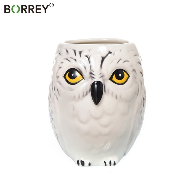 BORREY Cute Mugs Creative 3D Animal Cups Ceramic Milk Mug Tumbler Hedwig Owl Coffee Mug Ceramic Wine Glass Breakfast Office Cup