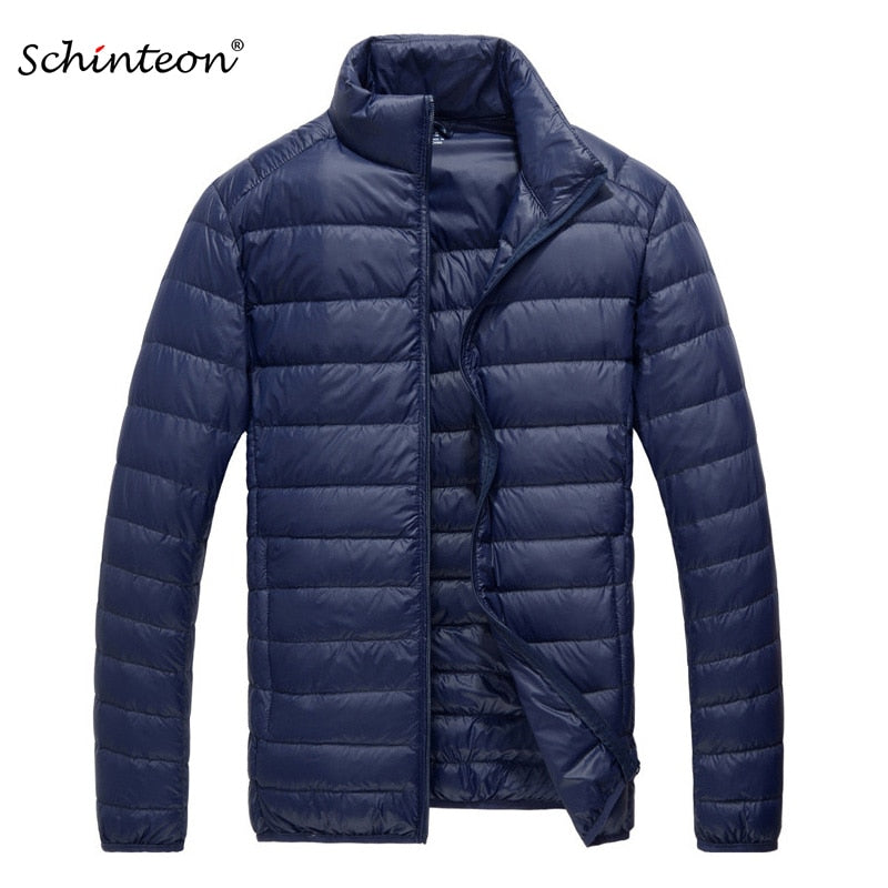 Schinteon Men Ultra Light White Duck Down Jacket Thin Stand Collar Solid Color Simple Autumn Outwear
