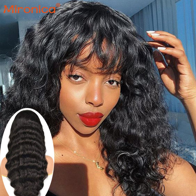 Brazilian Loose Deep Wave Human Hair Wigs With Bangs Remy Full Machine Made Human Hair Wigs For Black Women MIRONICA Remy Hair