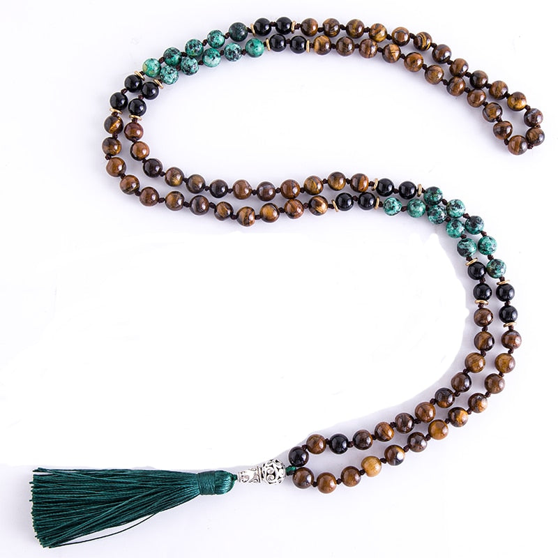 8mm Yellow Tiger Eyes Turquesa Africana Black Onyx Japamala Set Meditation Yoga Spirit Jewelry 108 Mala Beaded Tassel Necklace