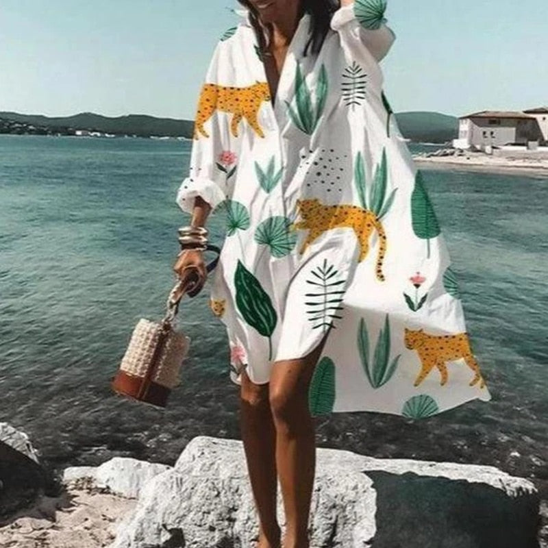 2021 Summer Women Dresses Turn-down Collar Print Casual Long Sleeve Shirt Dress Oversized Loose Beach Party Vestidos Robe Blouse