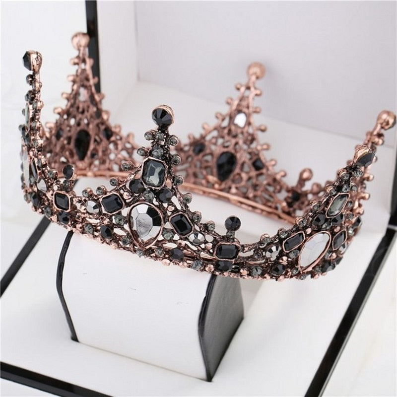 Baroque Black Crystal Big Round Bridal Tiaras Crowns Pageant Prom Diadem Rhinestone Veil Tiara Headband Wedding Hair Accessories