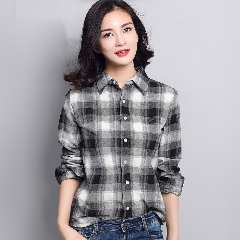 S-4XL Frauen Baumwollhemd Frühling Herbst Winter 2022 Neue Casual Langarm Gebürstet Plaid Streifen Shirts Mädchen Tops Bluse Weiblich