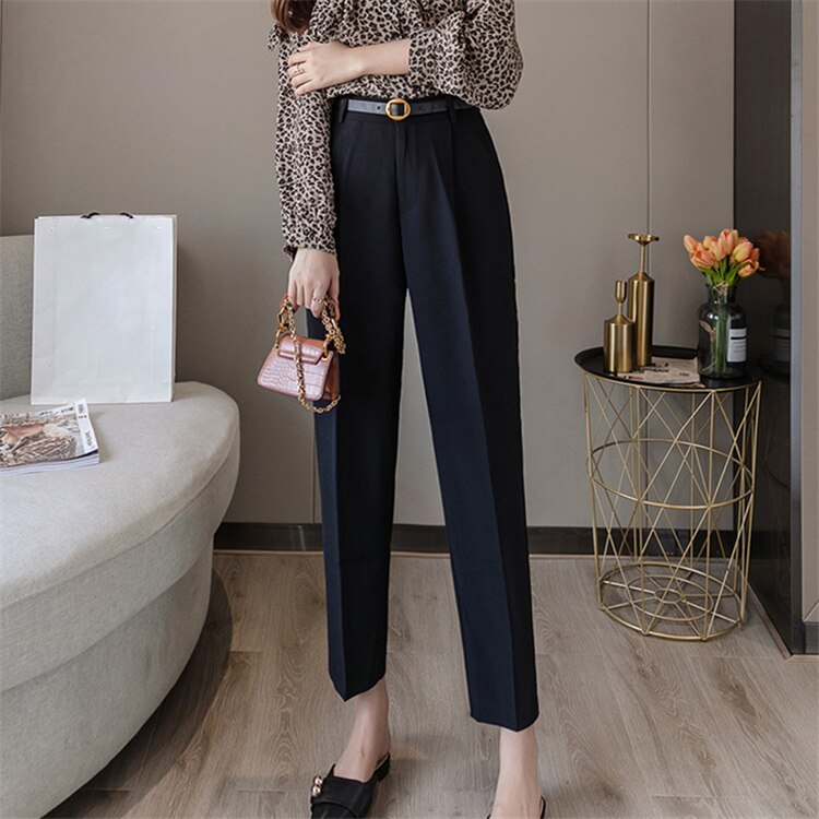 Colorfaith New 2022 High Waist Korean Fashion Elegant Office Lady Ankle-Length With Belt Spring Summer Women Suit Pants P7223