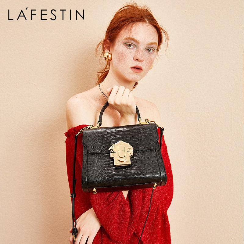 LA FESTIN Designer Serpentine Lock Handbag Split Leather 2021 New Fashion Women Shoulder Bag Luxury Famous Brand Bolsa Crossbody