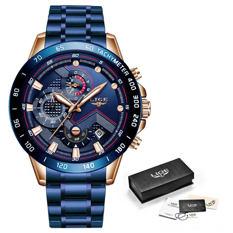 LIGE, relojes para hombre, marca superior, reloj de cuarzo resistente al agua azul de acero inoxidable de lujo, cronógrafo de moda para hombre, reloj militar deportivo para hombre