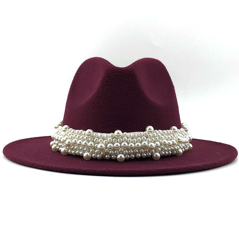 Wool Jazz Fedora Hats Casual Men Women Leather Pearl ribbon Felt Hat white pink yellow Panama Trilby Formal Party Cap 58-61CM