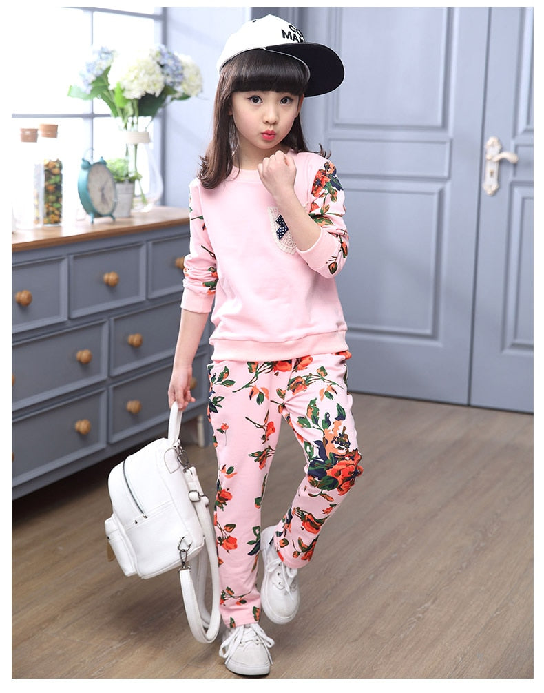 Winter Children Clothing Sets for Girls Floral Baby Girl Clothes Cotton Kids Tracksuit Sweatshirt+Pants Christma Costume Outfit