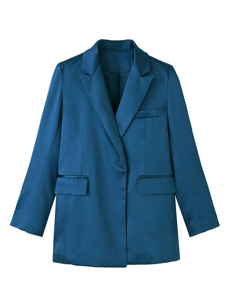 Blauer Blazer für Frauen 2022 Frühling Herbst Trendy Korean Style Luxus Satin Anzugjacke OL Arbeitsmantel Weibliche Oberbekleidung