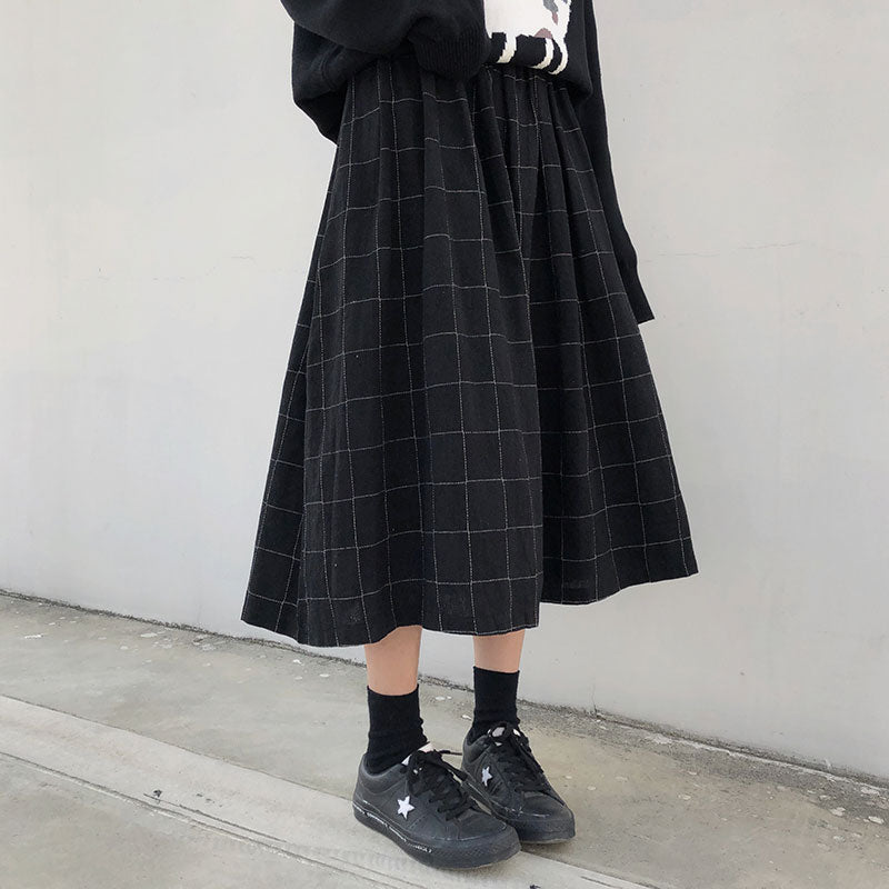 2 Farben japanischer Stil hohe elastische Taille Lange Röcke Frau 2019 Herbst Winter Plaid A-Linie Faltenröcke Damen (X1078)