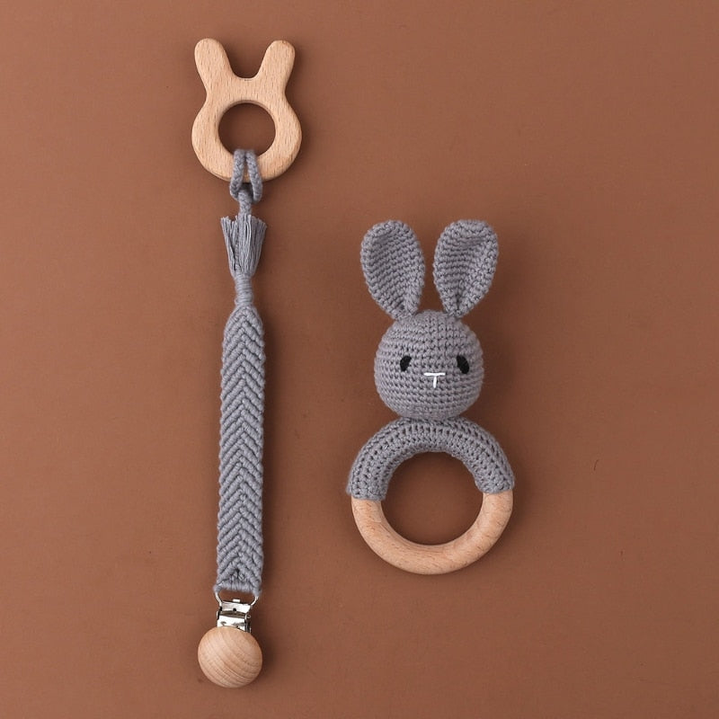 Baby Silicone Teether Wooden Rattle Toys Double Side Cotton Bibs Sleeping Dolls Soothe Appease Towel Newborn Nurse Accessories