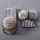 Winter Real Fur Scarf and Hat Set Kids Big Real Raccoon Fur Balls Hat Double Fur Pom Pom Beanies Children Girls Warm  Scarf Cap