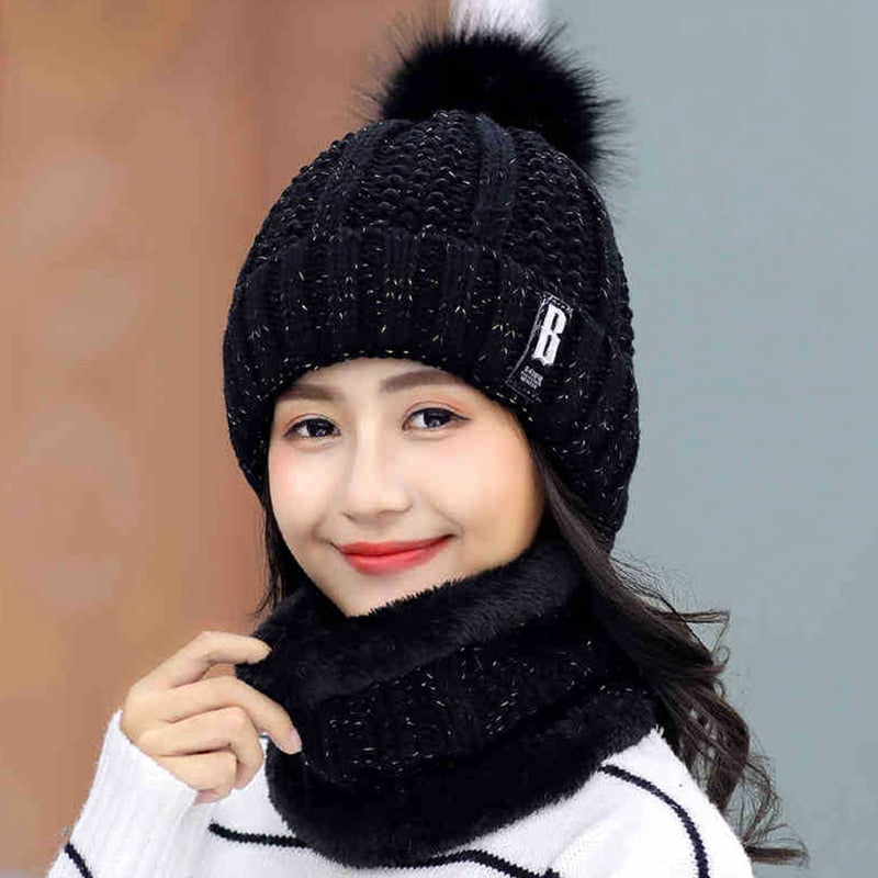 Neue Frauen Warm Dicken Hut Mode Winter Hüte Für Frau Fügen Sie Pelz Gefüttert Strickmütze Buchstabe B Beanie Hut Mädchen Bommel Strickmütze