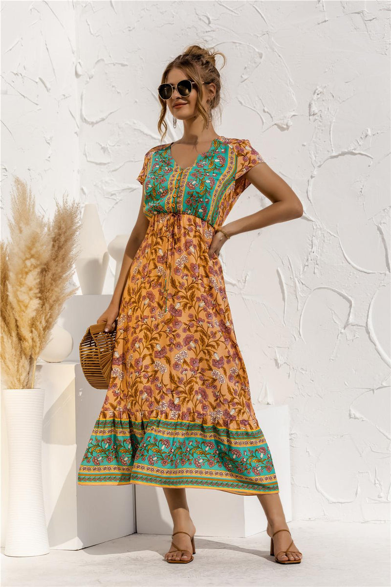 Viskose Frauen Sommer Boho Kleid Bohemian Maxi 2021 Lässig V-Ausschnitt Kurzarm Knopf Blumendruck Langes Strandkleid Vestidos