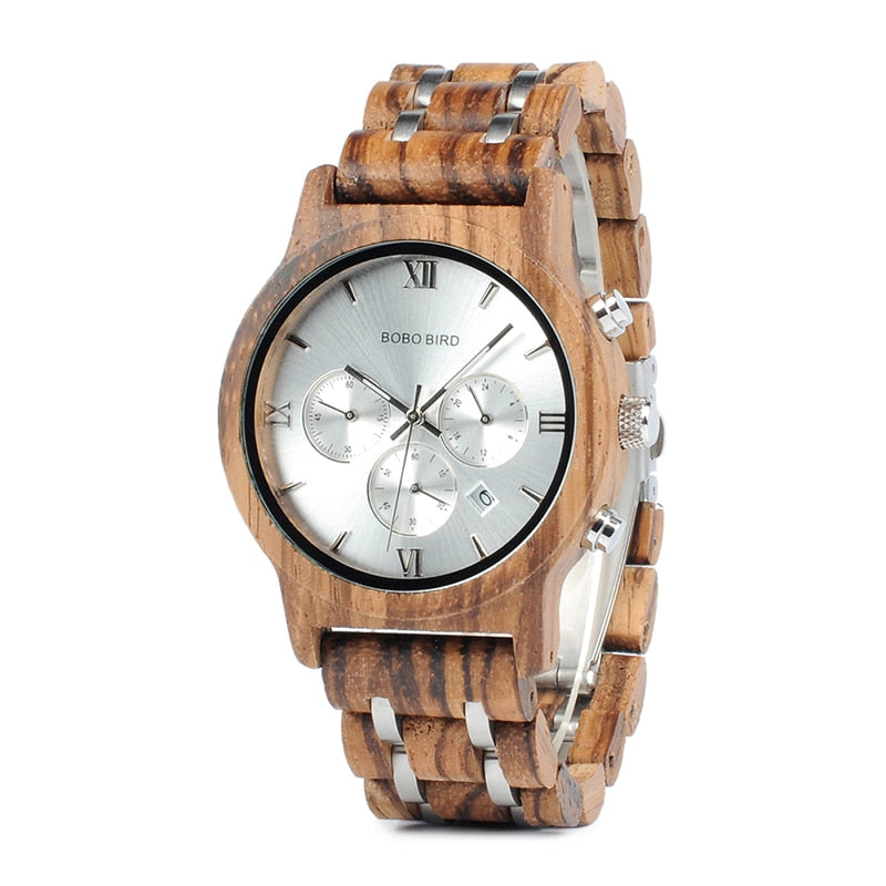 BOBO BIRD relojes de madera para hombre, reloj de cuarzo de negocios a la moda, cronógrafo de banda de acero inoxidable de madera, gran caja de regalo, reloj masculino