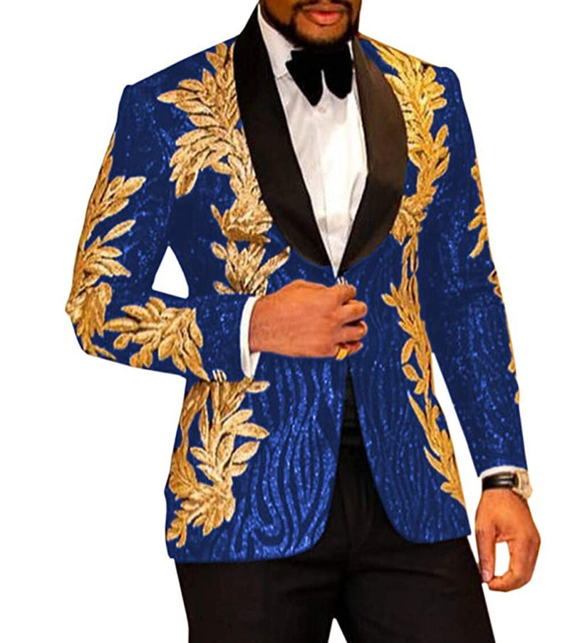 2 Pieces Slim Fit Men's Shiny Sequins Gold Applique Suits Prom Tuxedos Grooms Jacket Wedding Party Suits Set (Blazer+Pants)