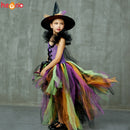 Girls Halloween Witch Tutu Dress Rainbow Trailing Tulle Kids Carnival Cosplay Party Dress Children Fancy Ball Gown Dress Costume