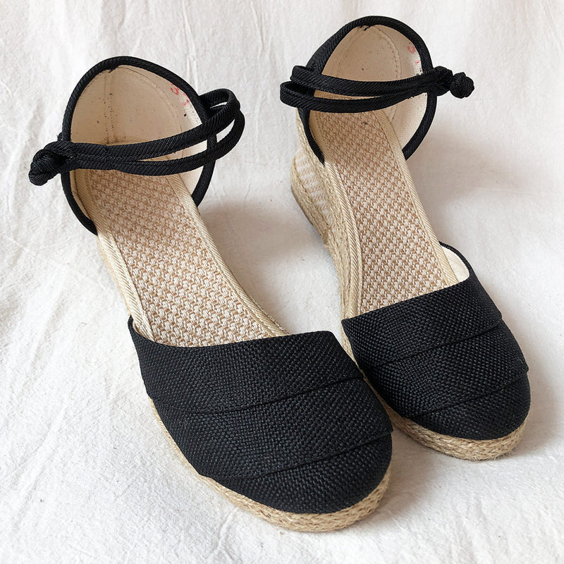Veowalk, sandalias de lino lisas hechas a mano con retazos para mujer, alpargatas con cuña, plataformas de 6cm, zapatos bohemios, zapatos de verano para mujer