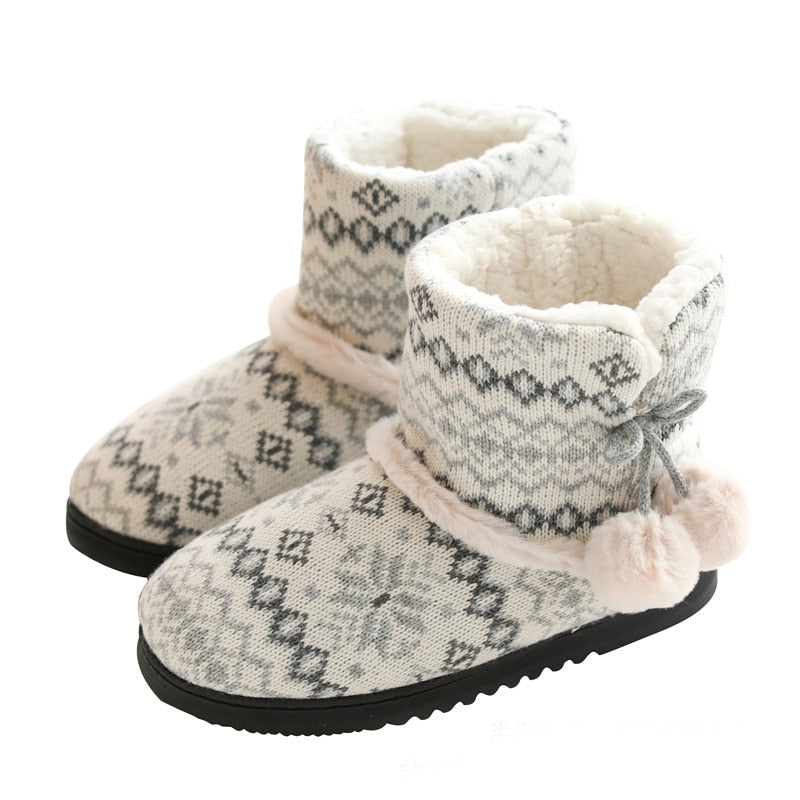 Zapatillas de casa de piel de invierno para mujer, zapatos cálidos de plataforma plana de algodón para interior, zapatillas acogedoras de felpa tejidas para mujer y niña
