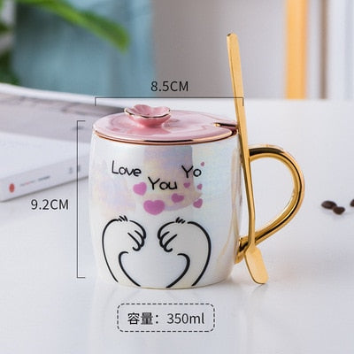 Cartoon Ceramics Cat Mug With Lid and Spoon Coffee Milk Mugs Cute Creative Breakfast Cup Valentine&