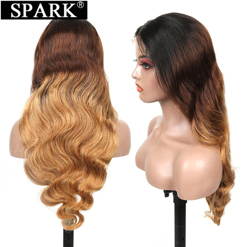 SPARK Ombre Highlight Body Wave 4x4 Lace Closure Wig 30 32Inch 180%Density Brazilian Wavy 13x4Lace Frontal Human Hair Wigs Remy