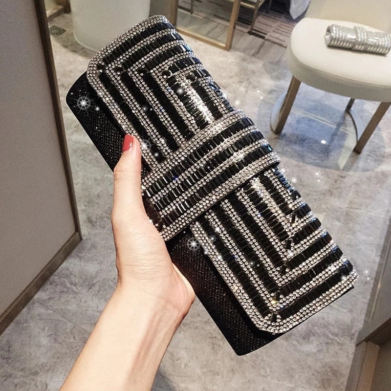 Black Clutch Purse and Handbag with Rhinestone Women&