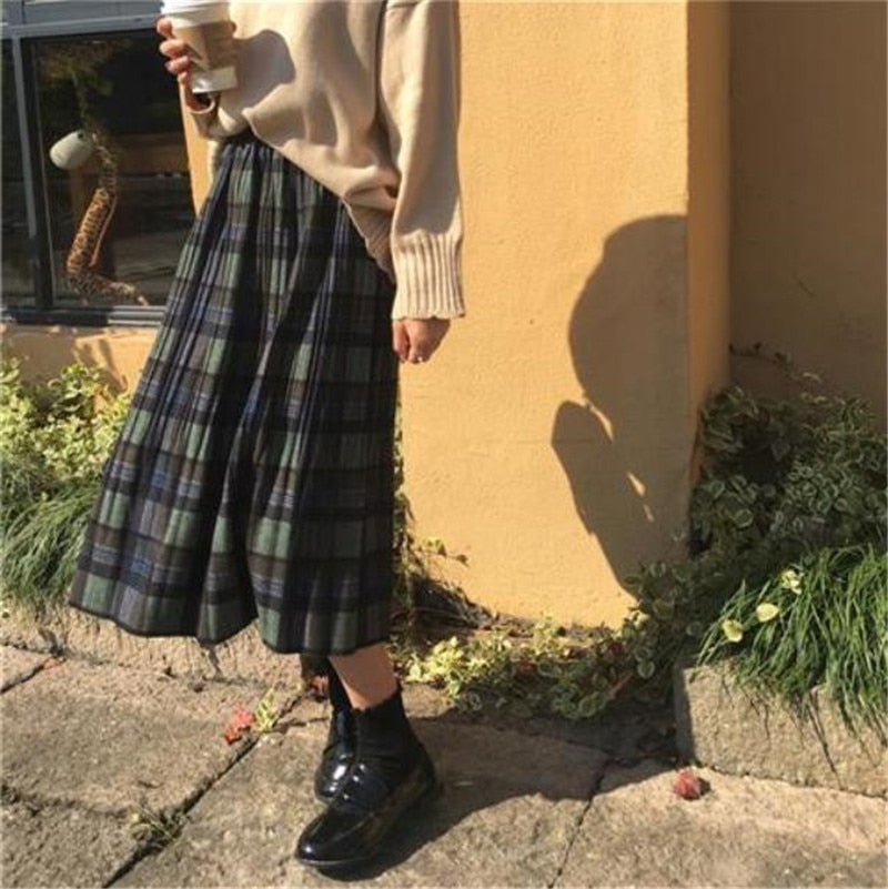 Woolen Winter Plus Size 3XL pleated plaid skirts Women Warm Vintage Long skirts Ladies Office Harajuku Midi skirts Streetwear