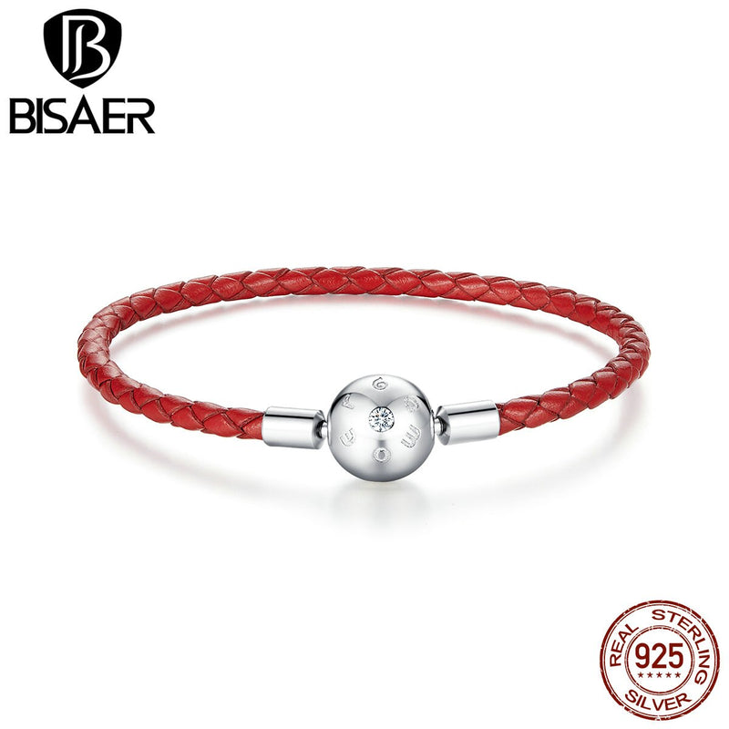 BISAER Lucky Bracelets Red Leather Rope 925 Sterling Silver S925 Plated Platinum CZ PU Leather Chain For Women Jewelry EFB042