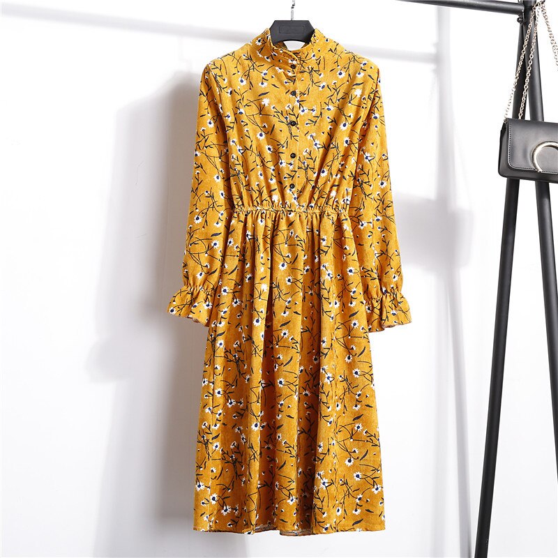 High Elastic Waist Corduroy Vintage Dress A-line Women Full Sleeve Flower Plaid Print Dresses Slim Feminino CRRIFLZ