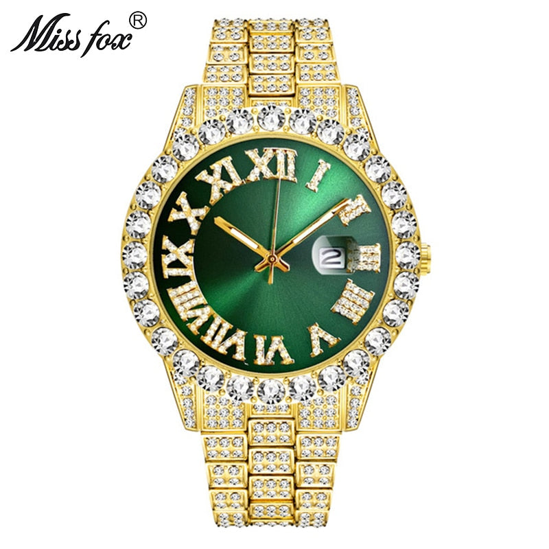 Reloj MISSFOX para hombre 2020, los más vendidos, marca de lujo, esfera azul, oro, relojes de moda para hombre, pulsera grande de diamantes, reloj de lujo para hombre